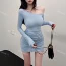 连衣裙时髦修身 纯欲小心机性感斜肩长袖 弹力打底短裙 韩版 值得入