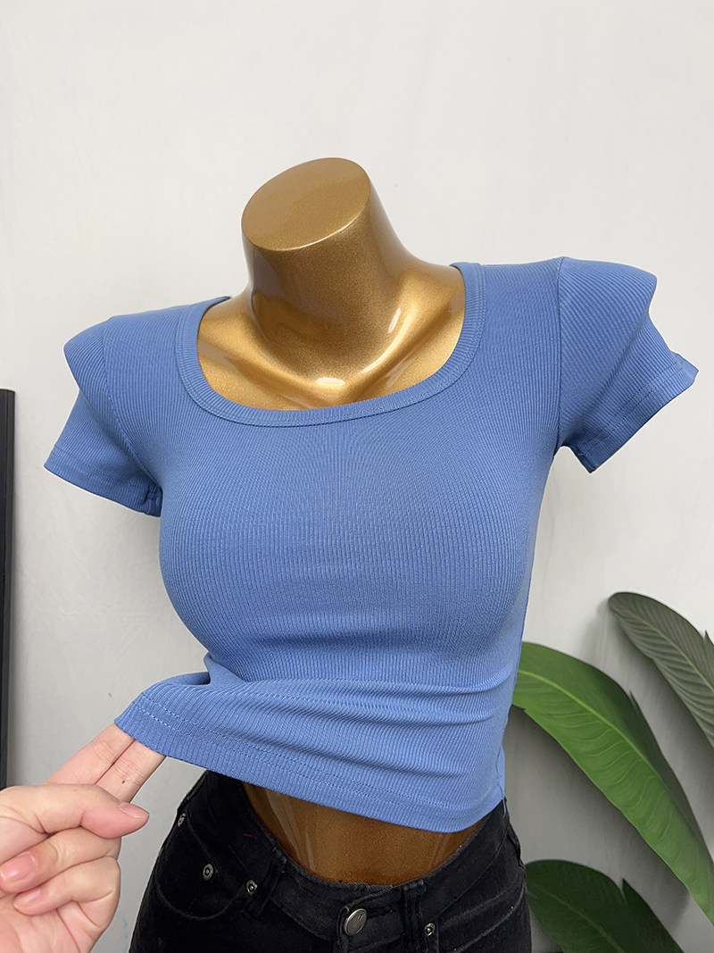 短袖纯欲风薄款性感方领棉上衣女