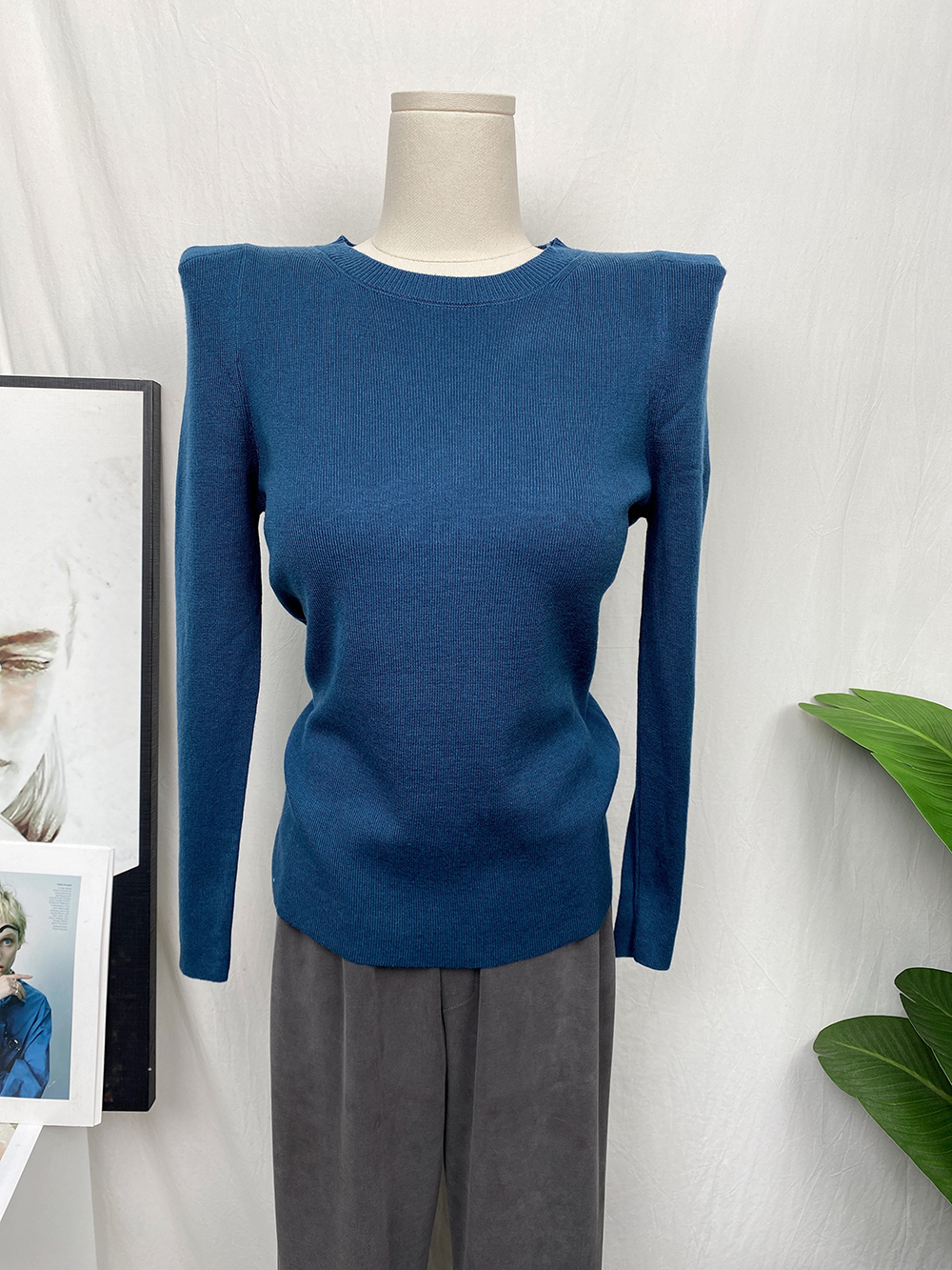 爱si了这颜色 ins显白的海蓝色垫肩毛衣针织衫内搭百搭上衣冬秋冬