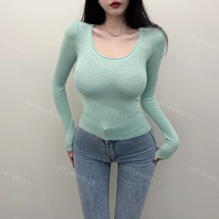 强推自留款 圆领长袖 小清新色 修身 针织上衣 韩国ins简约基础款