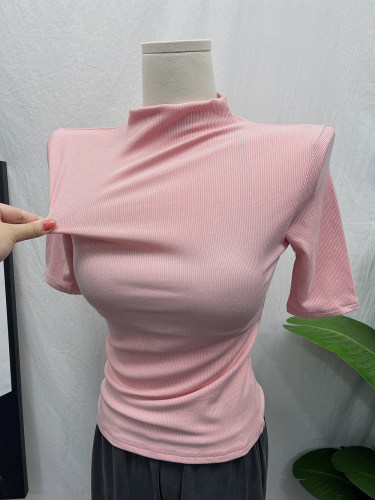 短袖ins纯欲半高领螺纹棉上衣女