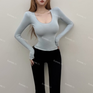 极简主义～纯欲加绒面膜T紧身U领显白收腰打底衫 上衣女2025年秋冬