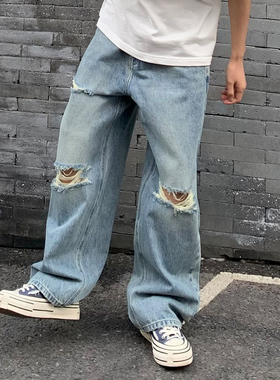 巴黎大牌设计宽松破洞牛仔裤男士2024年新款潮牌高街显瘦大码裤子