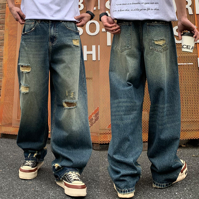 巴黎大牌同款设计L/V大码大破洞中直筒美式复古蓝色阔腿休闲裤子