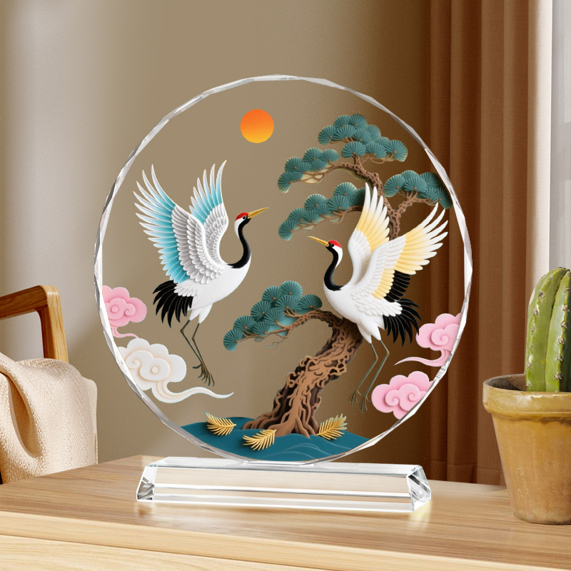 松鹤延年仙鹤画水晶摆件祝寿礼