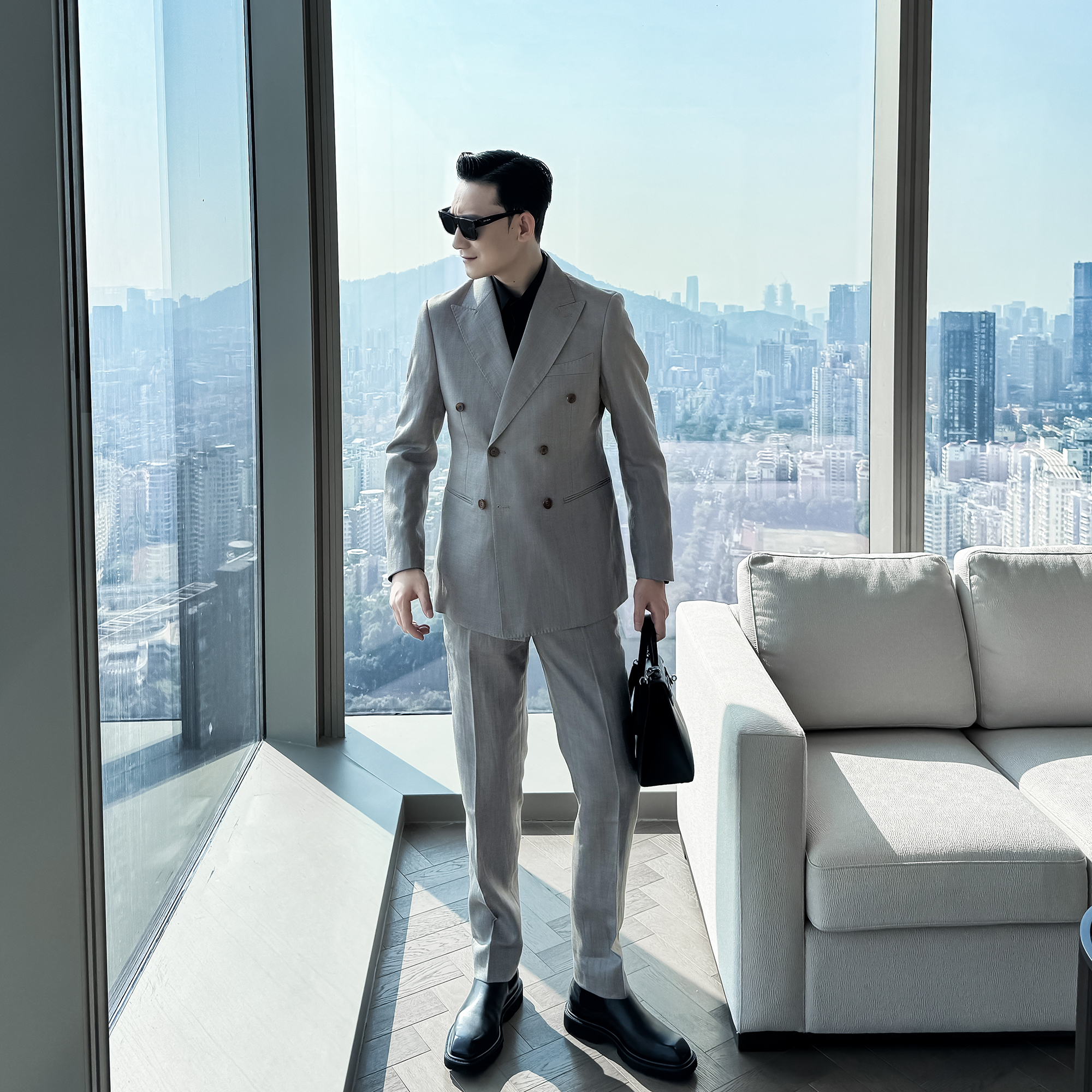 英倫春夏意式亞麻雙排扣西裝套裝