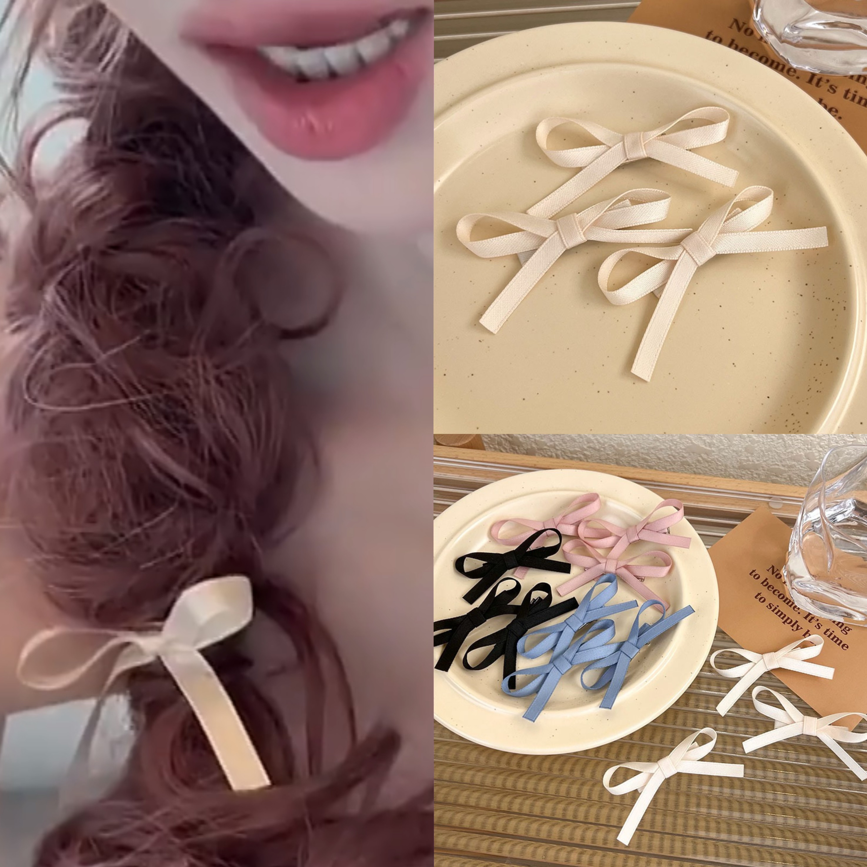 浪姐7黄灿灿同款发夹女芭蕾风白色丝带蝴蝶结发卡甜美刘海侧边夹 - 实物图