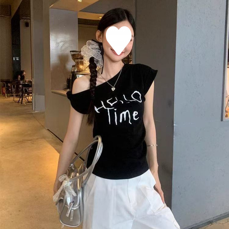 美式甜辣白色斜肩扭结短袖t恤女