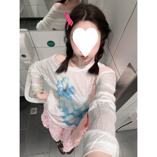 慵懒风花朵印花宽松显瘦上衣 原版 面料白色长袖 罩衫 T恤女夏季