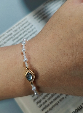 幻海梦 天然淡水珍珠手链海蓝猫眼石月光石气质轻奢高级感百搭H25