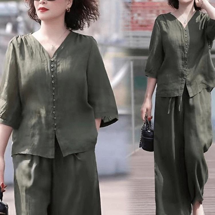 妈妈夏装2025新款套装棉麻亚麻女高端洋气时尚民族风阔腿裤两件套