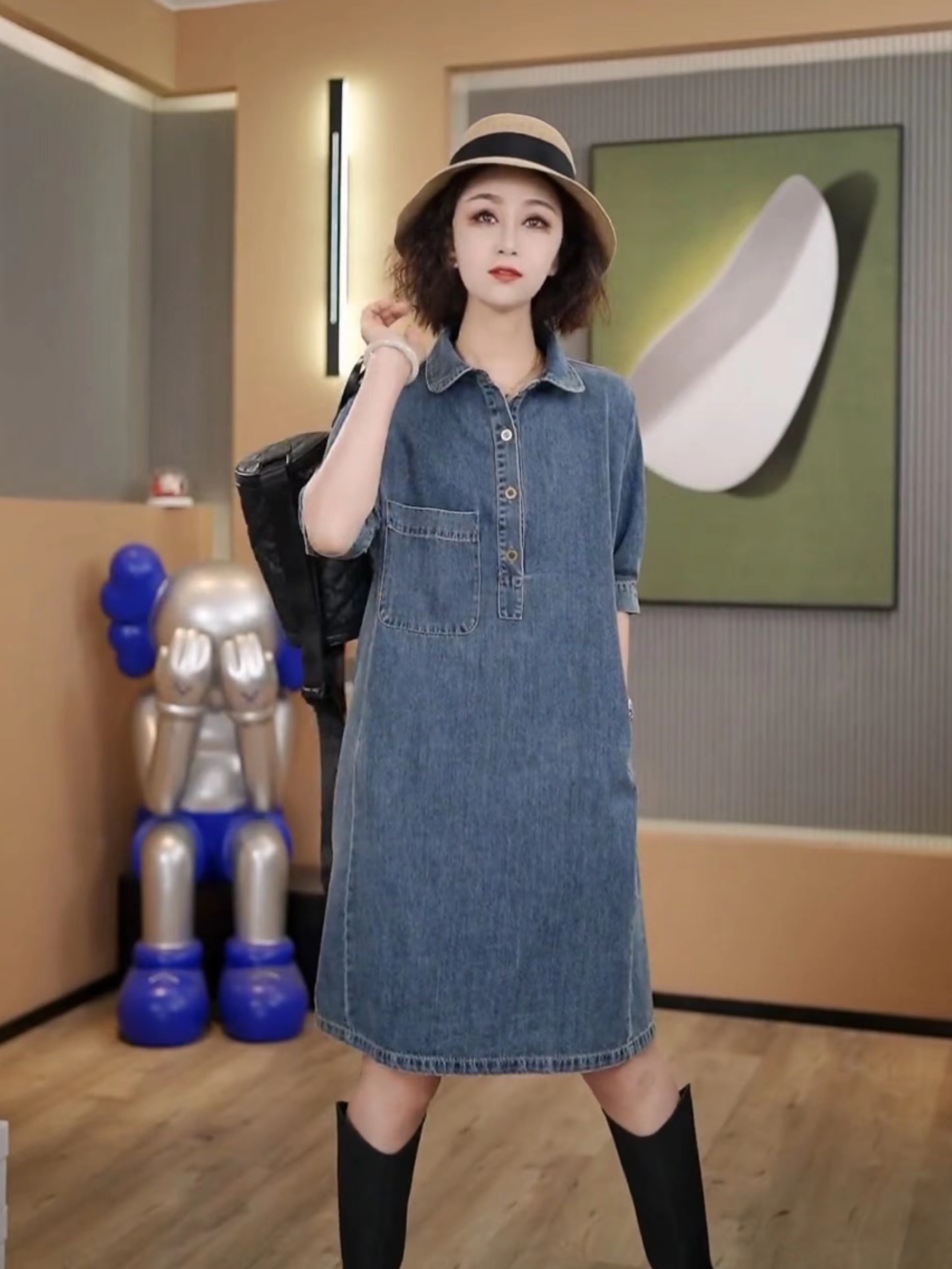 2023夏季新款宽松遮肚子显瘦女士牛仔连衣裙大码时尚洋气休闲裙子