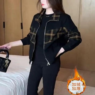 加绒保暖时尚拼接短外套女2025春秋新款洋气质百搭小个子夹克上衣