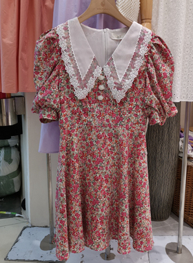 yueyue韩范小清新碎花娃娃领收腰连衣裙女时尚夏季款气质桔梗裙潮