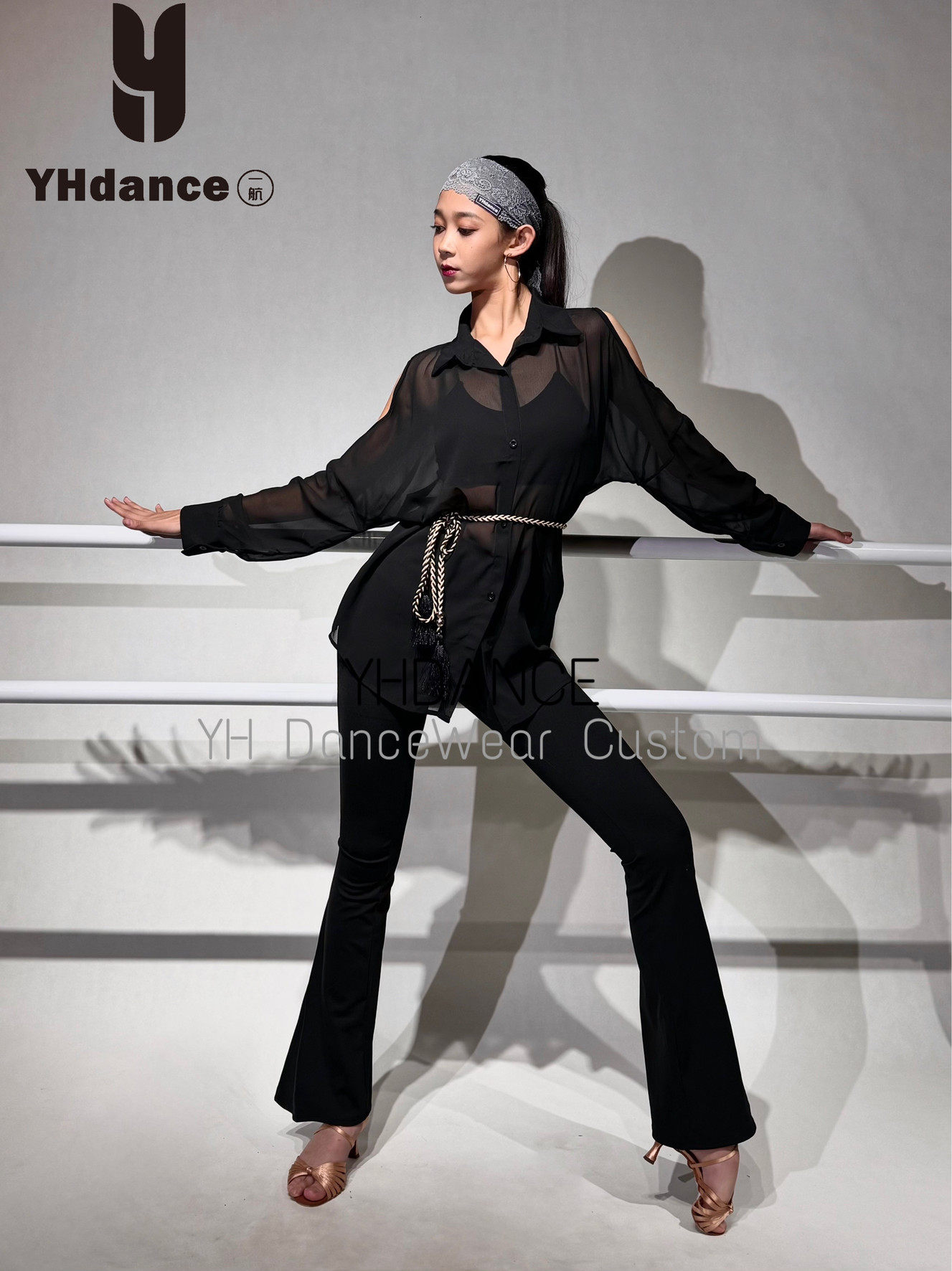 YHDANCE新款拉丁舞服长袖网纱衬衫连衣裙教课练舞送腰带练功服175