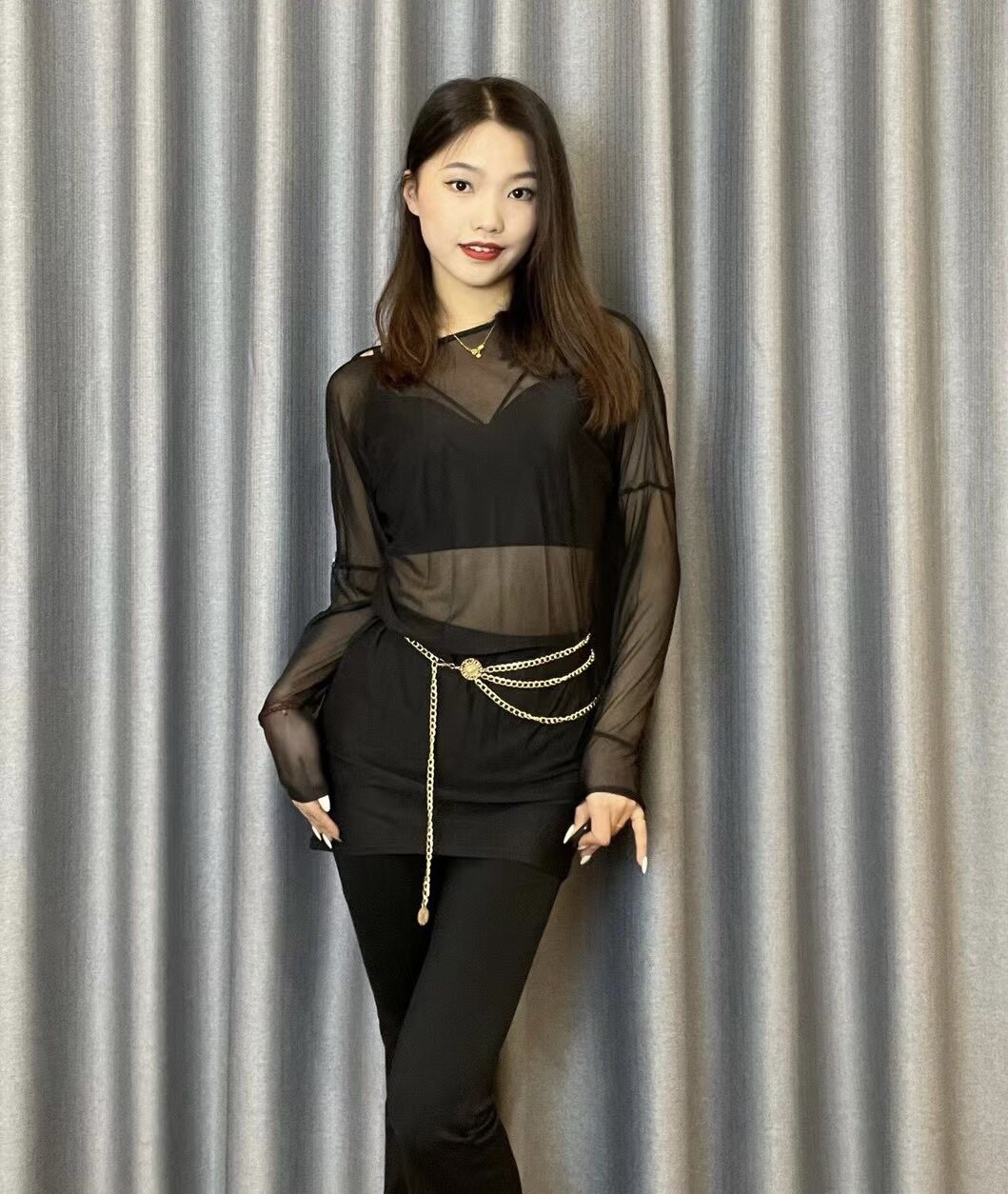 拉丁舞服女成人练功服伦巴舞蹈服宽松罩衫连衣裙网纱显瘦三件套