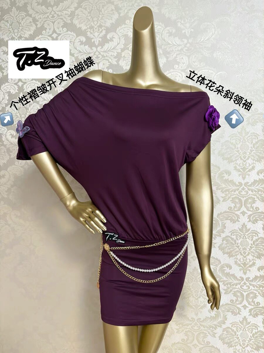 斜肩褶皱开叉袖连衣裙拉丁舞练功服女宽松版型显瘦蝙蝠袖百搭上衣