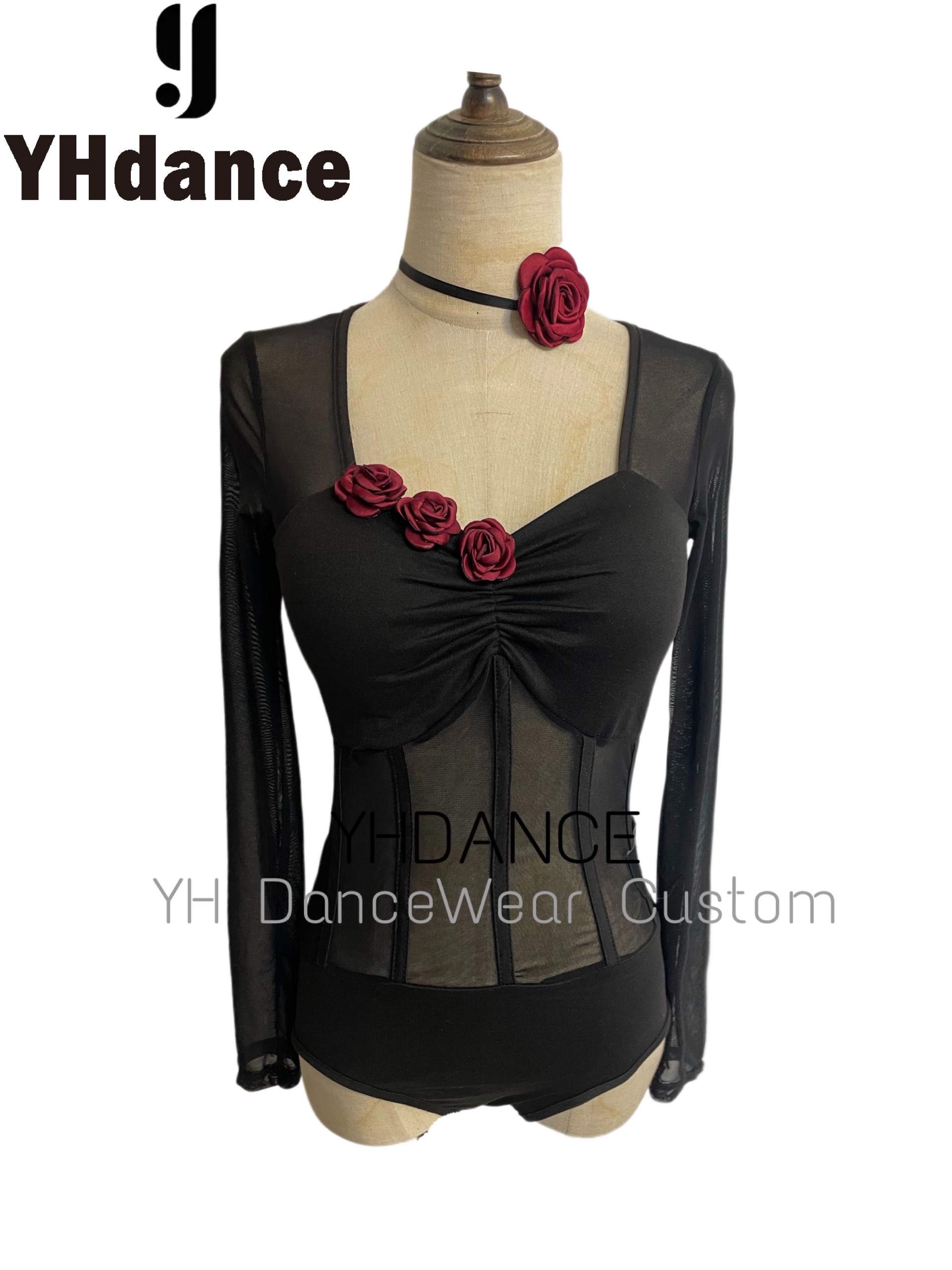 YHDANCE拉丁舞摩登练功服女网纱上衣舞服装性感连体衣带胸垫C152