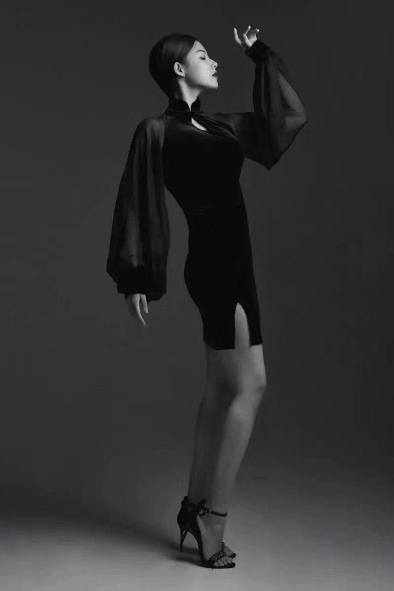 拉丁旗袍舞服女性感高开叉演出服专业泡泡袖显瘦连体包臀裙表演服