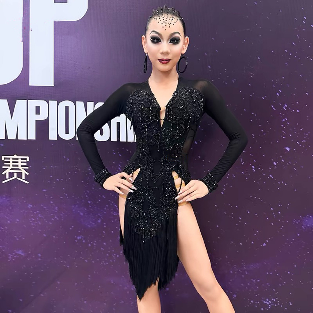 新款长袖拉丁舞专业比赛表演出花服成人高级感连衣舞裙少儿艺考服