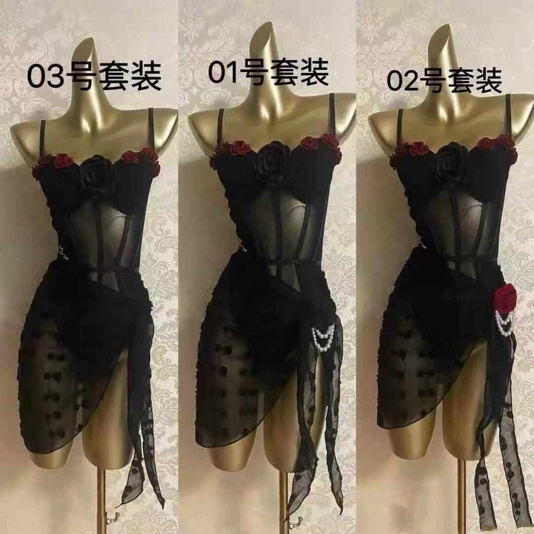拉丁舞服装套装女成人吊带鱼骨网纱立体花朵点缀上衣花朵半身臀裙