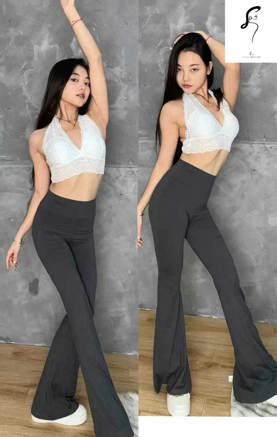 新款拉丁舞服女成人套装黑色灰色显瘦喇叭裤教课高腰长裤微喇裤