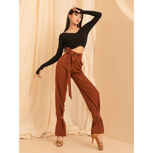 摩登舞裤子女新款拉丁舞交谊舞长裤高腰飘带束脚裤宽松练功小脚裤