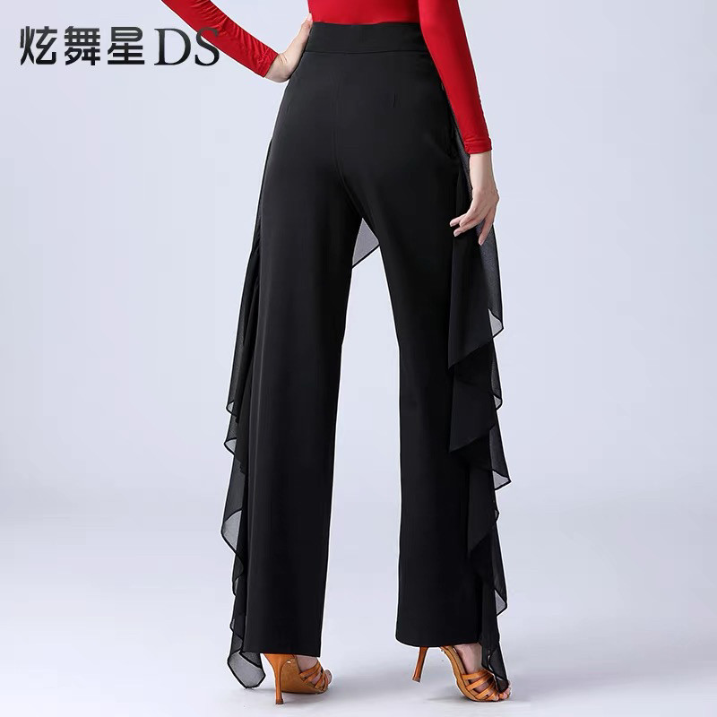 拉丁舞裤新款国标舞练功女裤荷叶边摩登舞裤高级感高腰阔腿裤显瘦