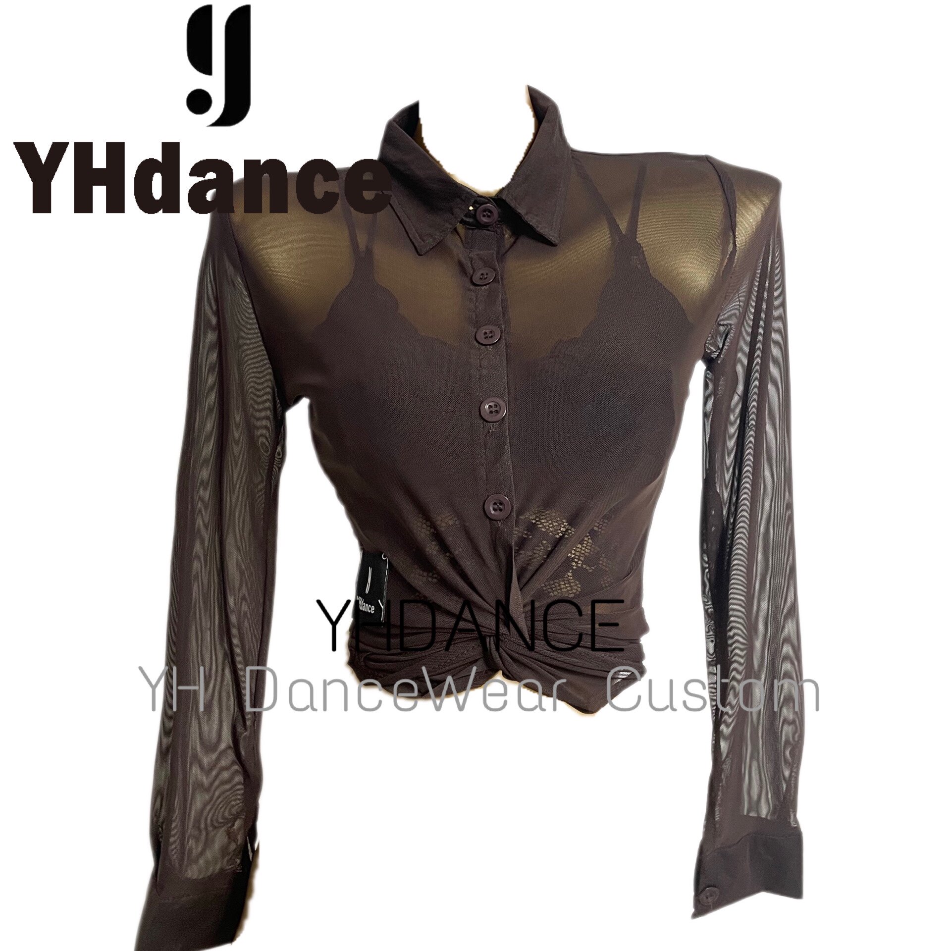 YHDANCE上衣重工袖口设计拉丁舞练功服女春夏网纱衬衫开衫拧结C83