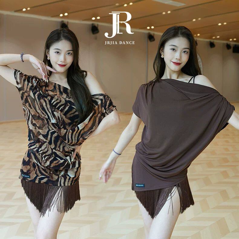 新款斜肩豹纹短袖拉丁舞上衣练功服夏季女国标舞服半身裙连衣裙
