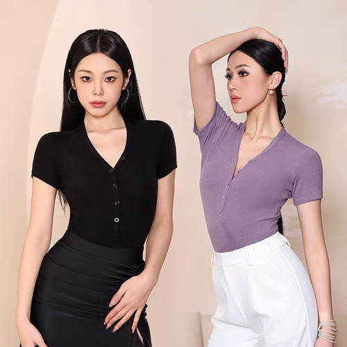 拉丁舞衣服女摩登舞服练功服上衣新款形体服连体跳舞衣服短袖T恤