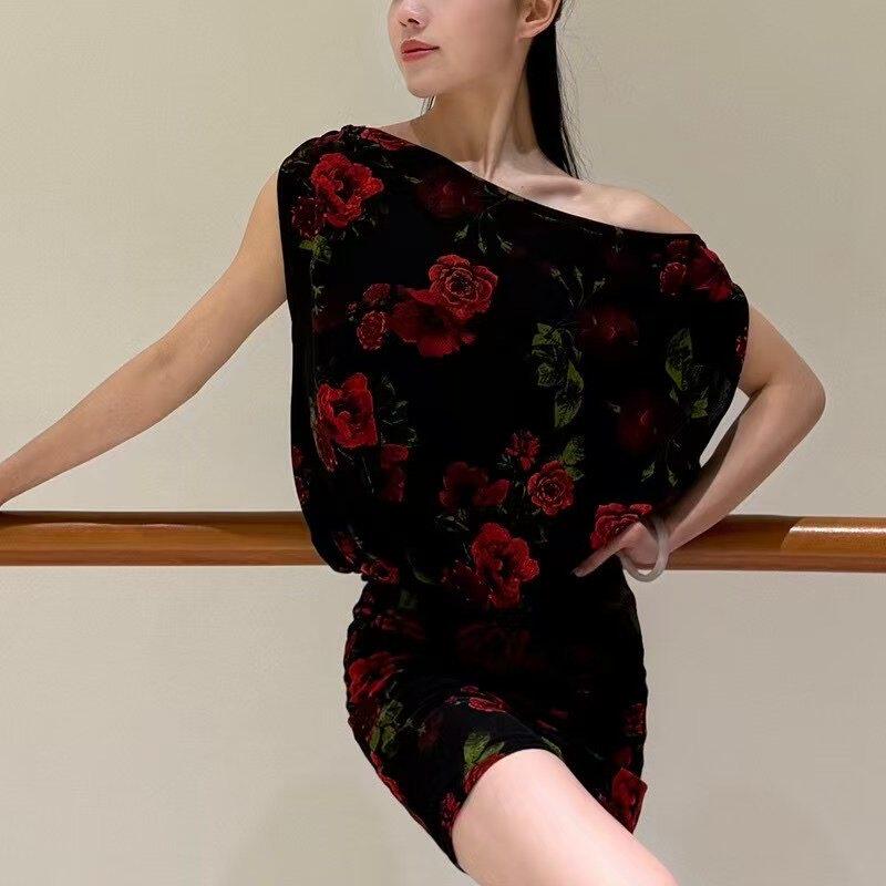 Zs舞服玫瑰印花斜肩罩衫连衣裙包臀练功服教课女成人L576