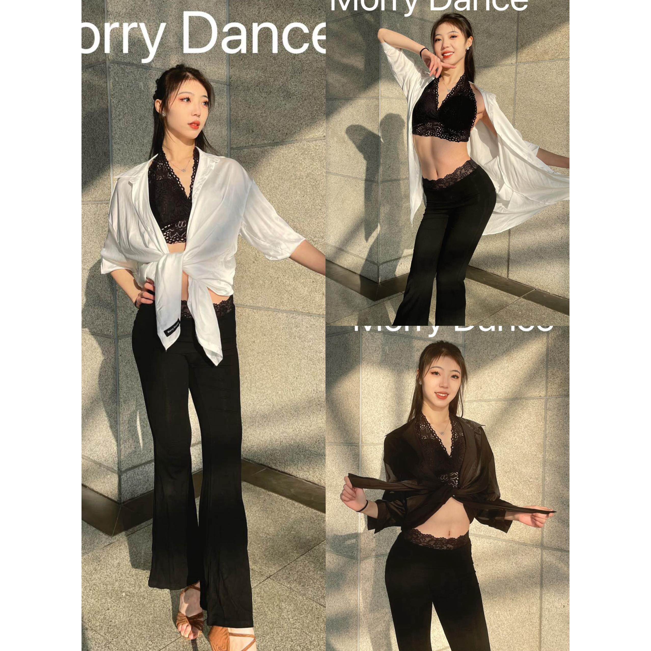 拉丁舞服长袖衬衫黑色白色男女同款蕾丝喇叭裤艺考表演出女