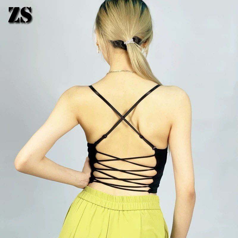 拉丁舞蹈服成人女练功服吊带跳舞练习黑色交叉带背心上衣免穿内衣