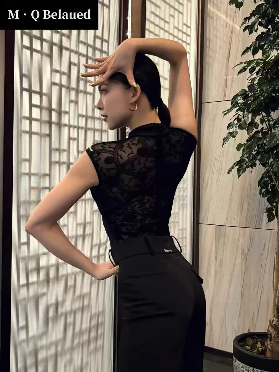拉丁舞服小飞袖短袖上衣植绒网纱拼接教师专业练功服修身紧身高级