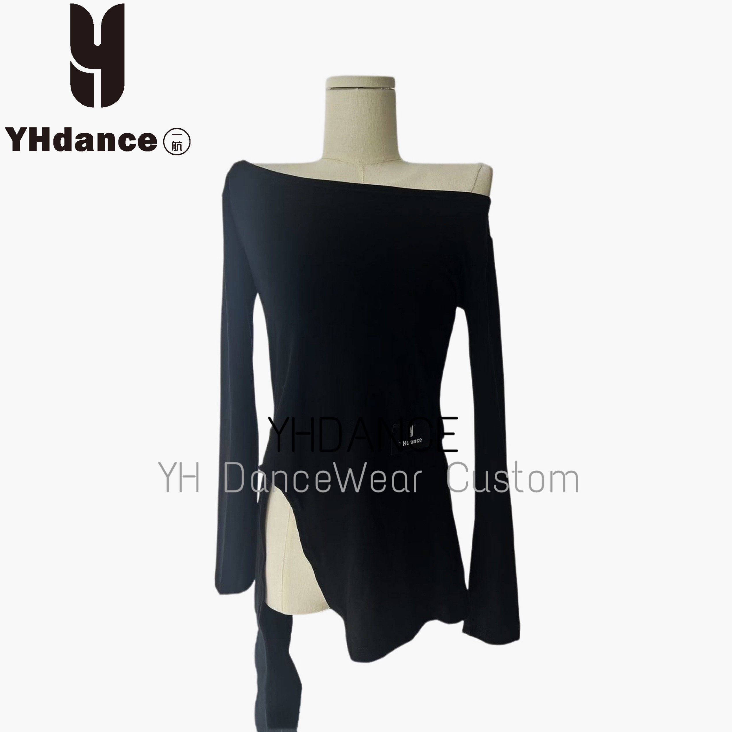 YHDANCE拉丁舞长袖上衣女修身显瘦不规则斜肩练功成人表演服C236