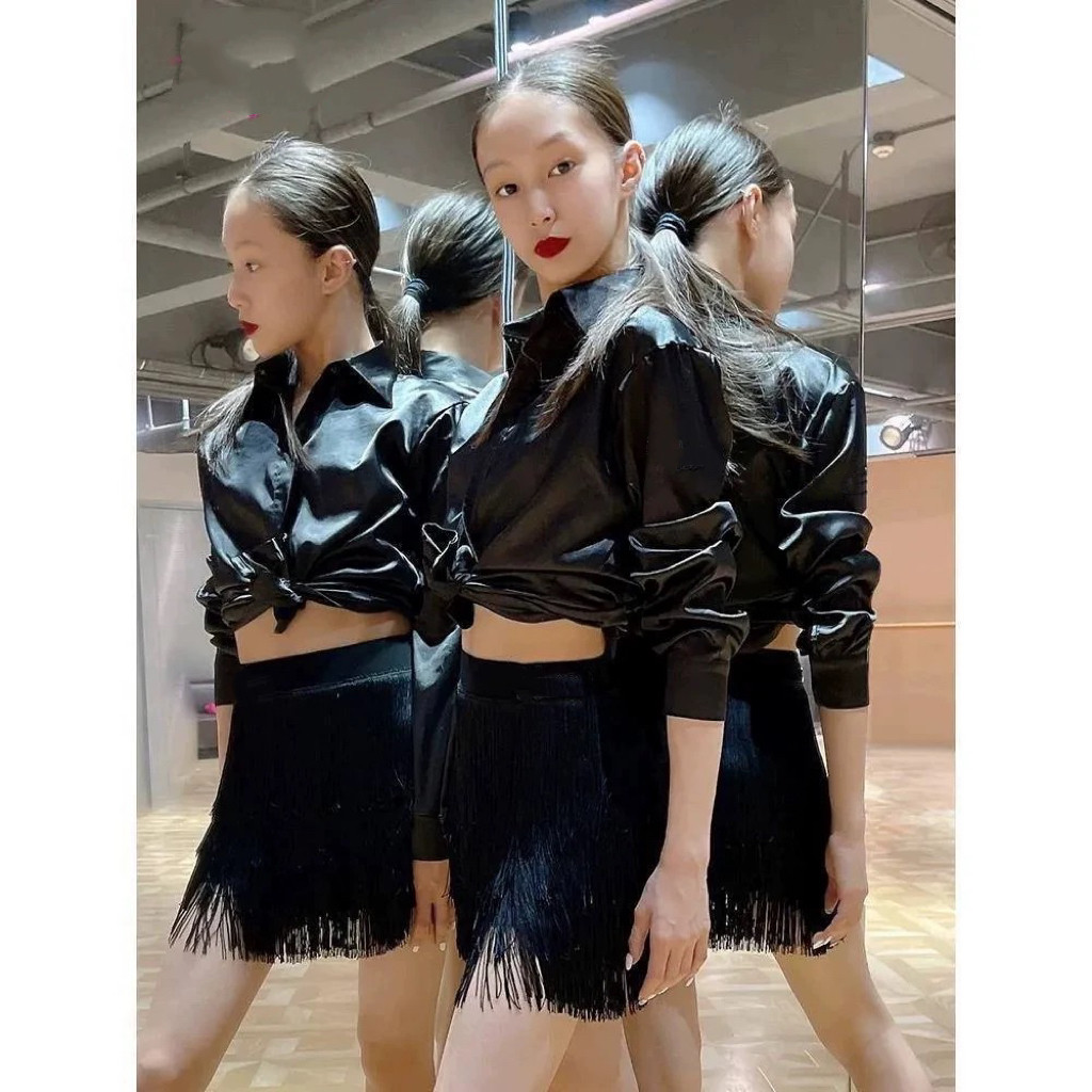 拉丁舞服女成人练功服上衣新款长袖衬衫流苏短裙套装专业比赛服装