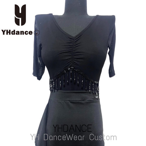 YHDANCE拉丁舞服摩登中袖带胸垫黑色流苏钻连体上衣显瘦c385