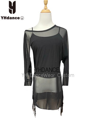 YHDANCE拉丁舞服摩登舞长袖网纱连体裙子女教课舞蹈上课显瘦c372