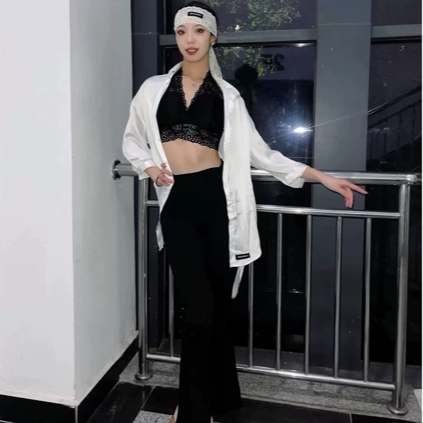拉丁舞服长袖衬衫黑色白色男女同款蕾丝喇叭裤艺考表演出女