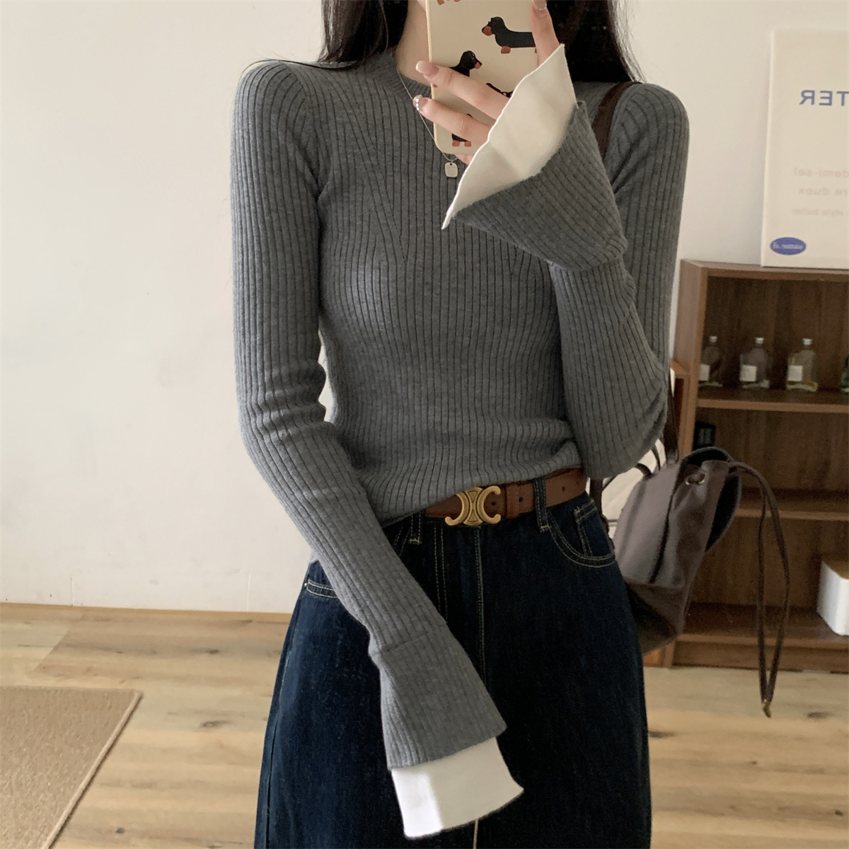 实拍实价 秋冬韩版修身圆领撞色喇叭袖内搭显瘦针织打底衫毛衣女