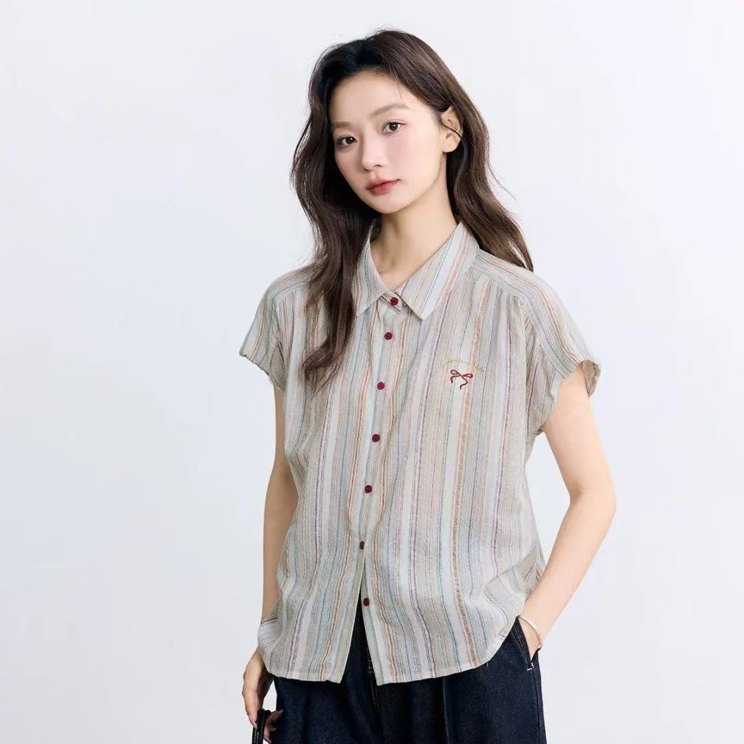 绣花彩色条纹短袖衬衫女2025夏季时尚连袖百搭舒适衬衣