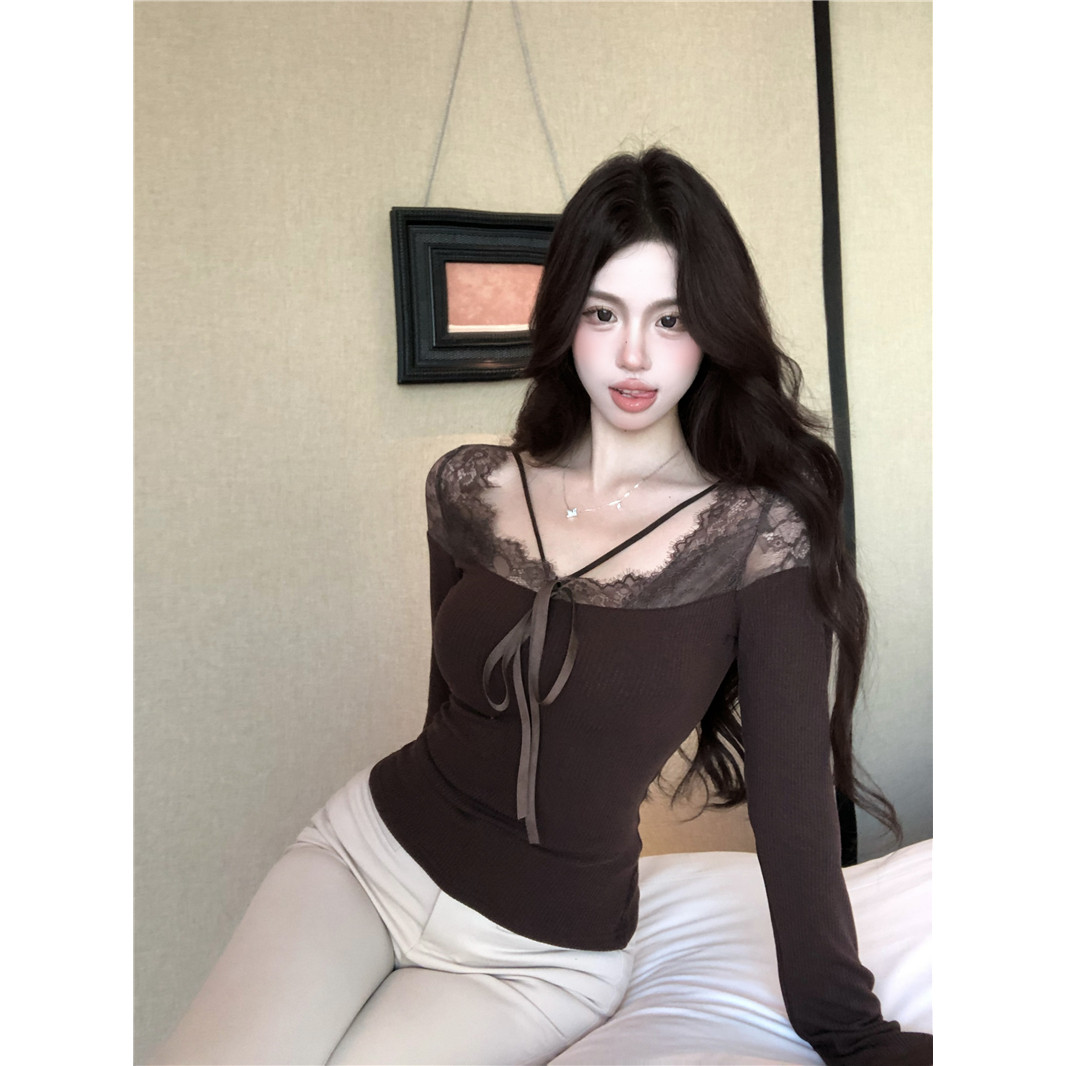 实拍实价气质性感蕾丝拼接内搭长袖气质百搭上衣