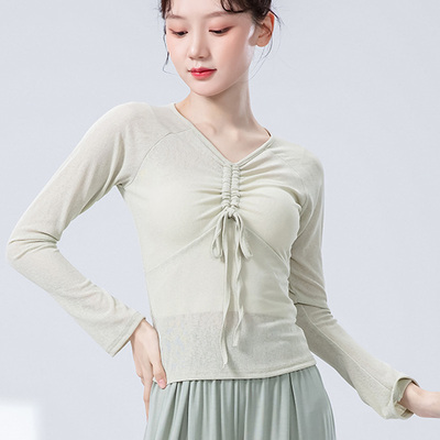 现代舞抽绳上衣长袖修身舞蹈服学生V领古典舞练功服短款形体服女