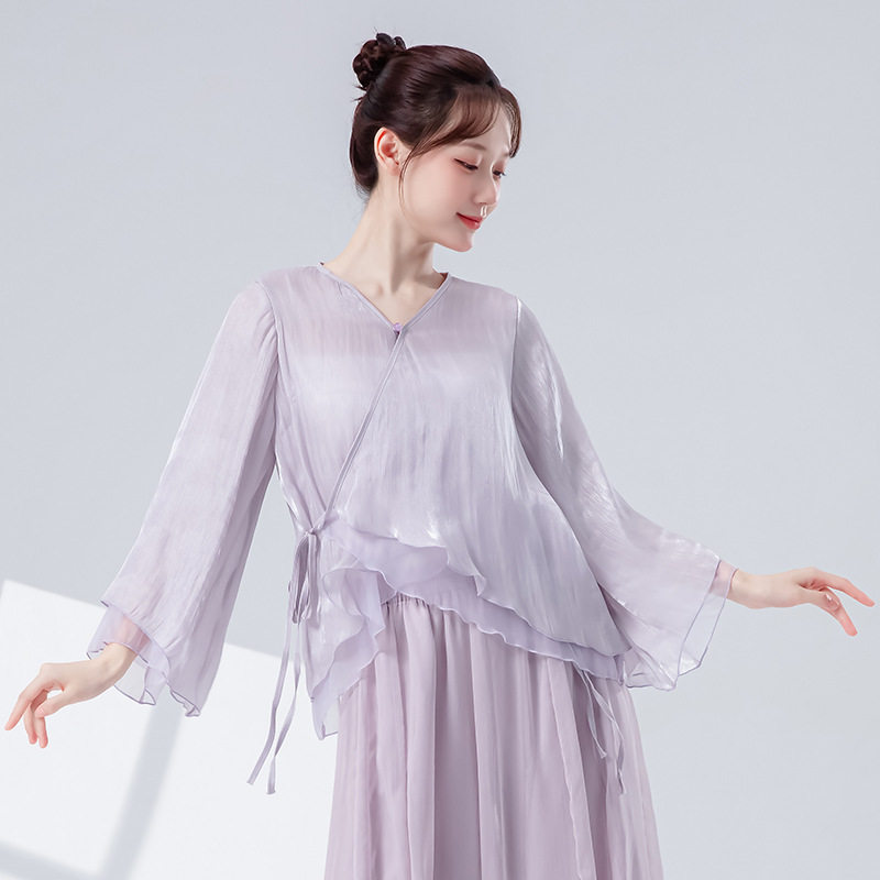 新中式古典舞宽松系带上衣V领开衫舞蹈服现代舞双层飘逸身韵纱衣