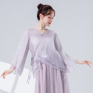 新中式古典舞宽松系带上衣V领开衫舞蹈服现代舞双层飘逸身韵纱衣