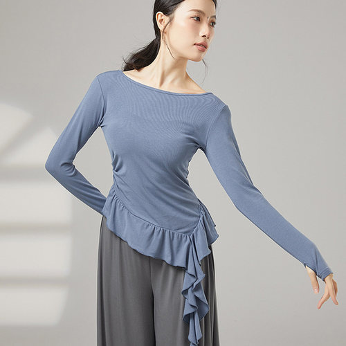 现代舞斜角荷叶边长袖套指上衣女日常学生练功服古典舞形体舞蹈服