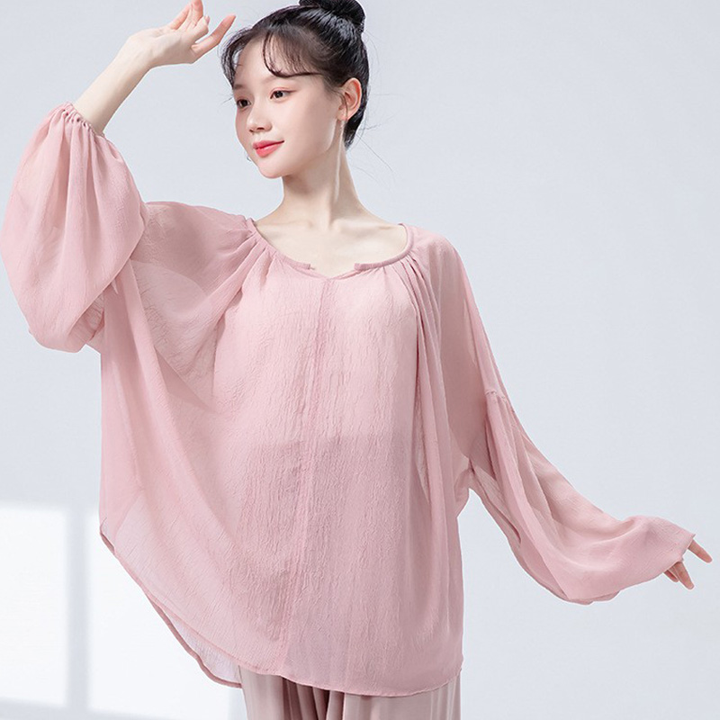 现代舞宽松飘逸罩衫舞蹈服长袖V领练功服仙气中国风演出服女上衣