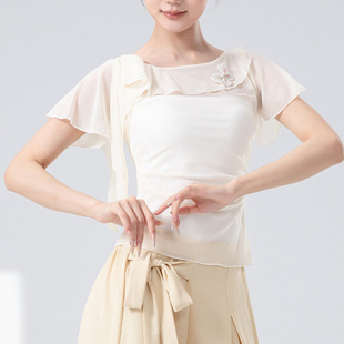身韵古典舞短袖纱衣舞蹈服夏季荷叶边一字领网纱练功服学生形体服