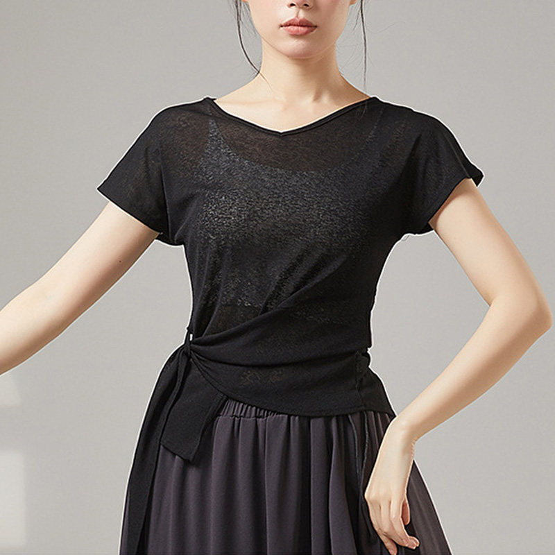 现代舞练功服女V领短袖上衣绑带设计感古典舞训练服学生舞蹈服装